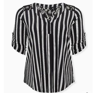 Harper Black & White Stripe Studio Knit Lace Yoke Pullover Blouse